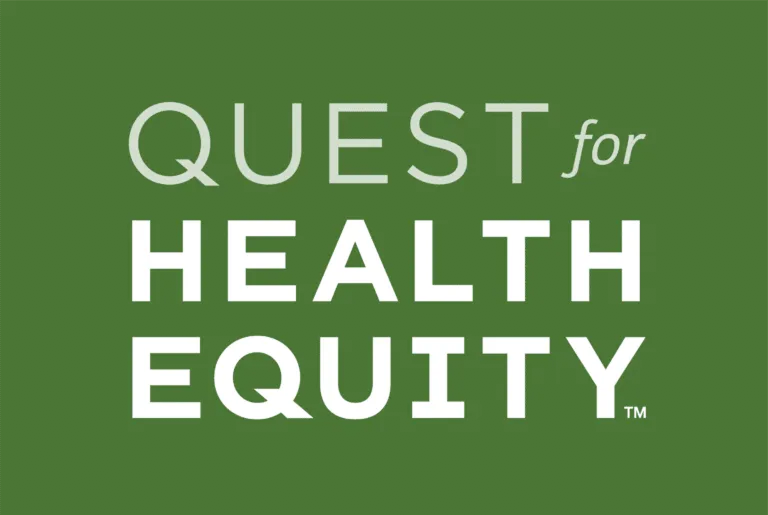 A green background with the words quest for health equity written in white.