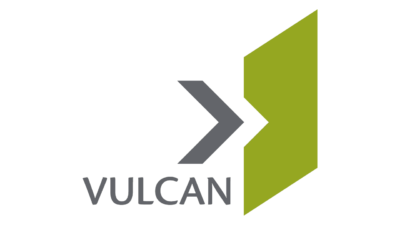 A green and grey vulcan logo with an arrow.